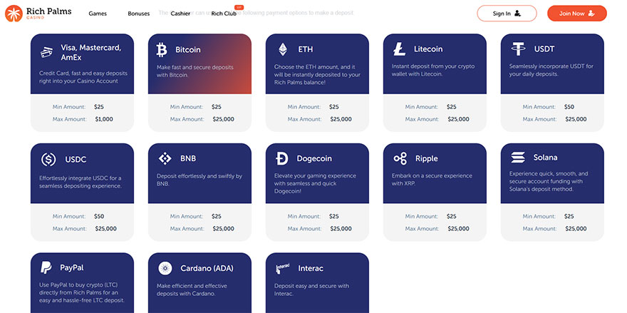 Rich palms casino payment options.