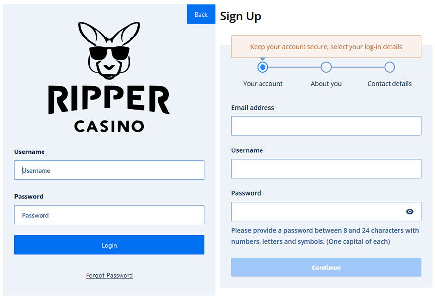 Login and sign up form for Ripper casino. 