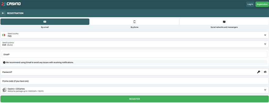 22Bet casino registration.