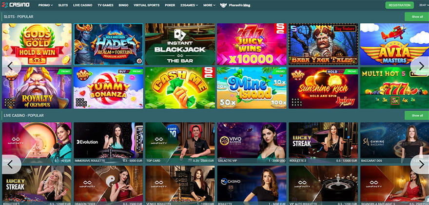 22Bet casino online slots.